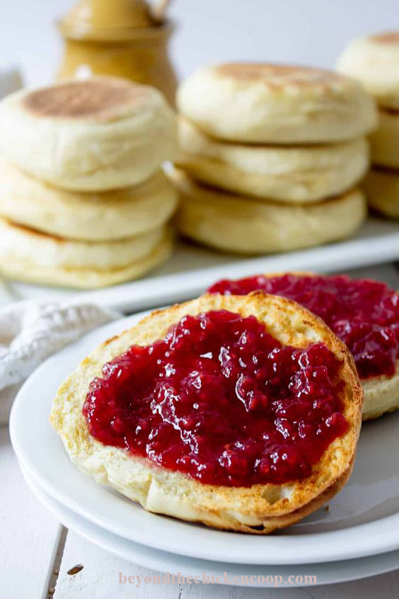 Strawberry jam on English muffins w Credit